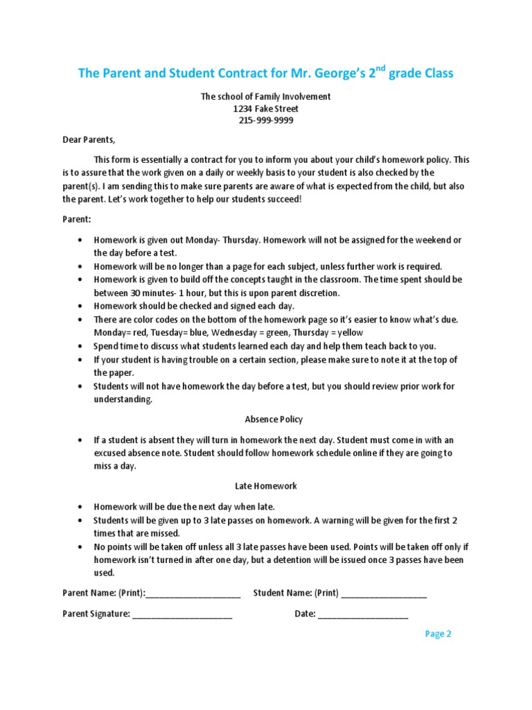 2nd Grade Homework Contract Guide | PDF | Homework | Cognition