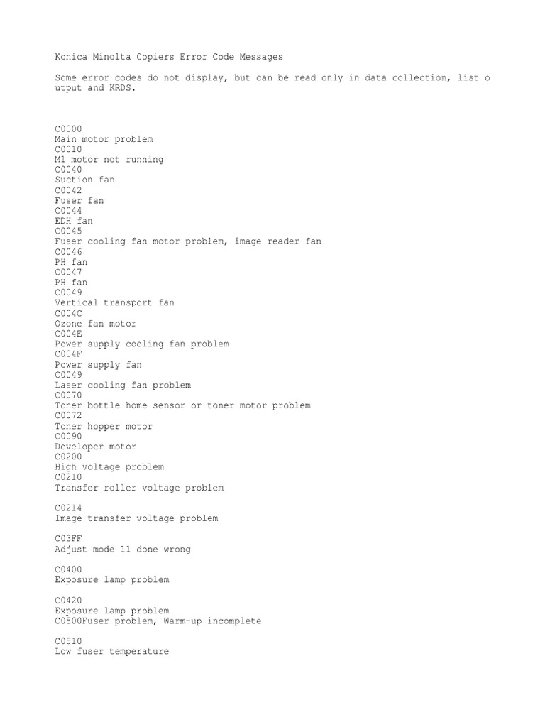 Konica Minolta Copiers Error Code Messages PDF Electric Motor