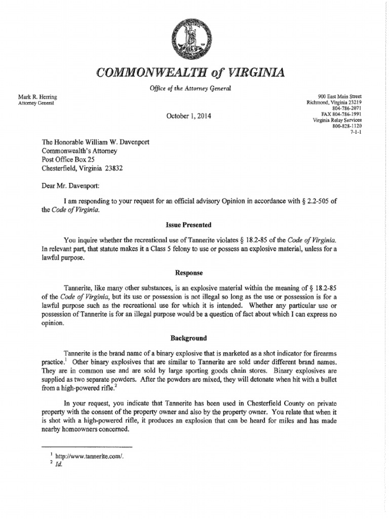 Virginia Attorney General Agrees Tannerite Legal in Virginia PDF