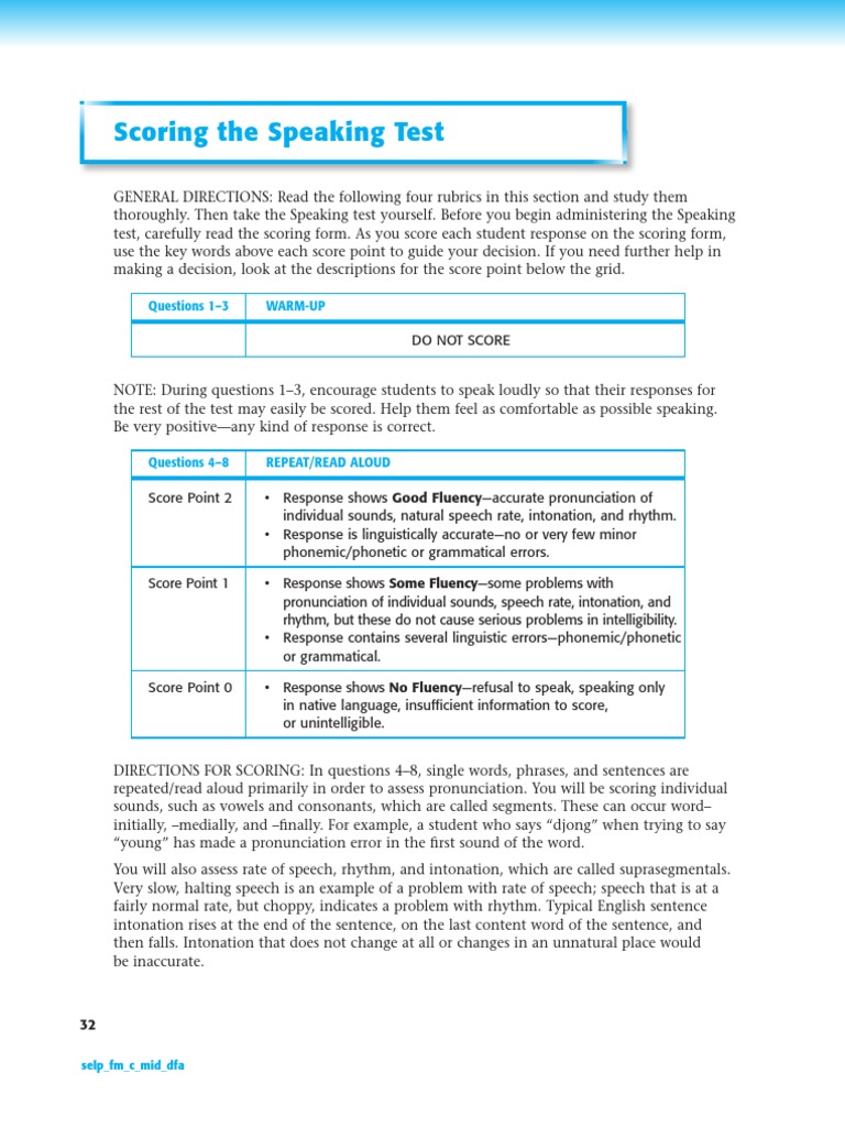 Scoring Guidelines for Speaking Test | PDF | Speech | Verb