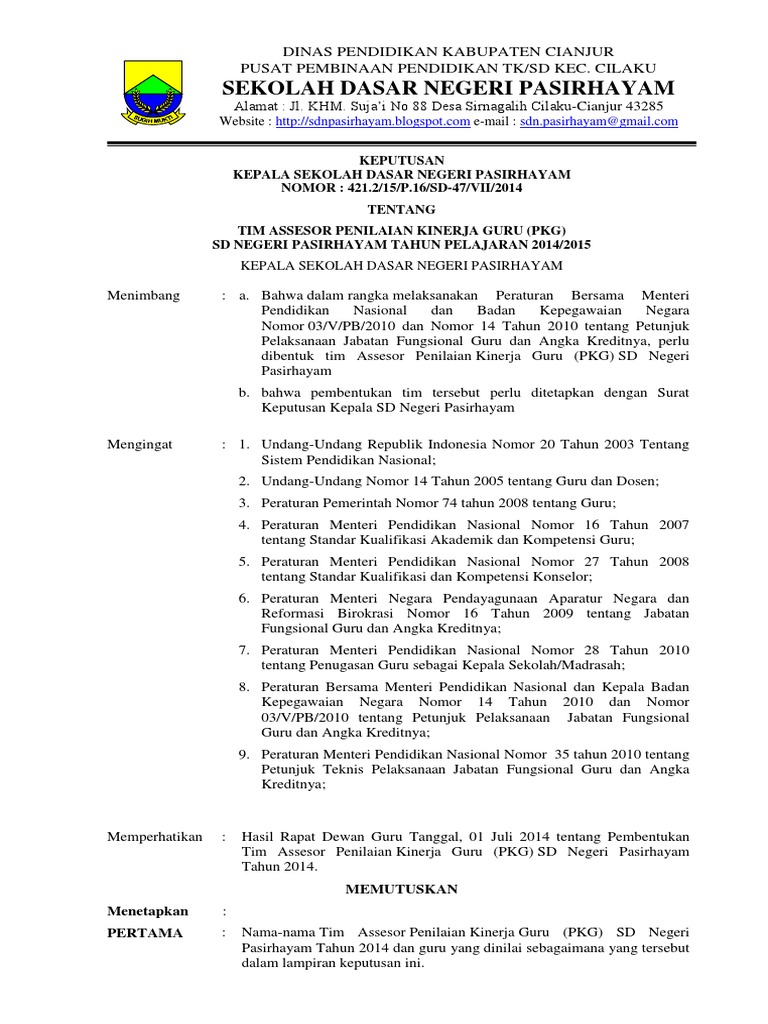 Contoh Surat Keputusan Tim Penilai Kinerja Guru Kumpulan