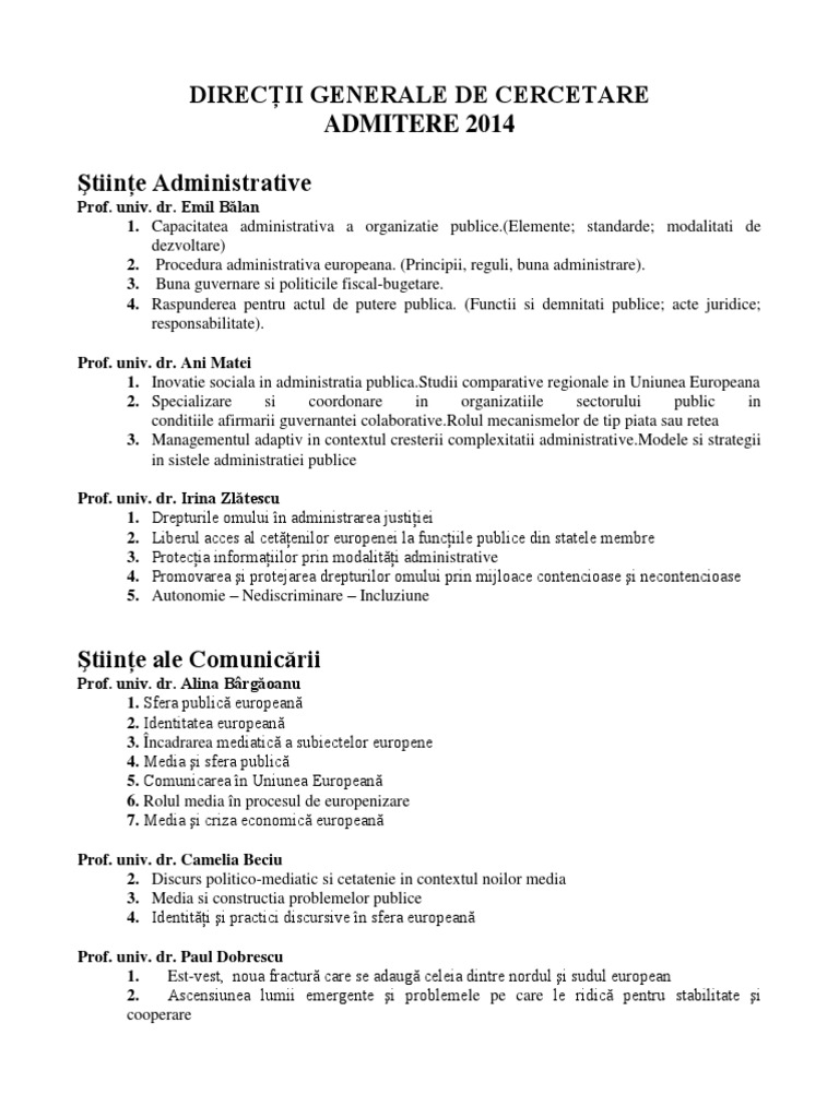 Directii Generale de Cercetare Scoala Doctorala A SNSPA | PDF