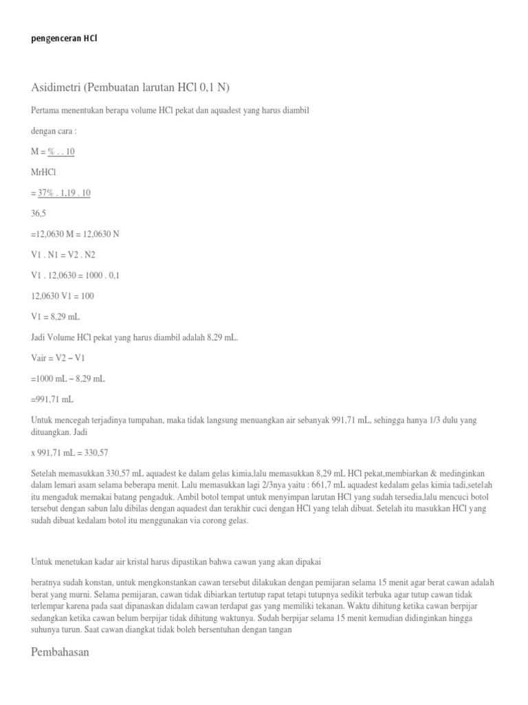 Membuat Larutan HCL 0,1 N PDF
