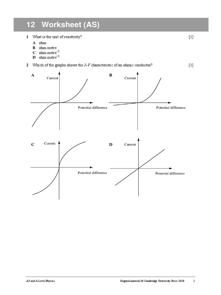 Worksheet 12 PDF PDF Electrical Resistivity And Conductivity