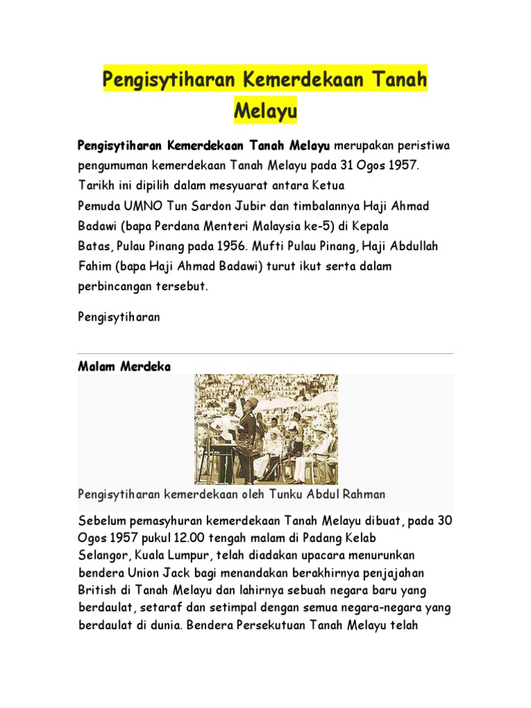 Pengisytiharan Kemerdekaan Tanah Melayu Pdf