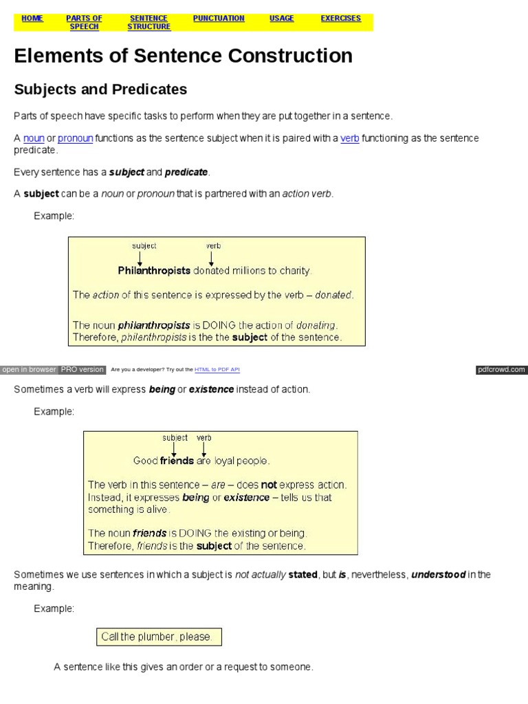 Elements of Sentence Construction Predicate (Grammar) Subject (Grammar)