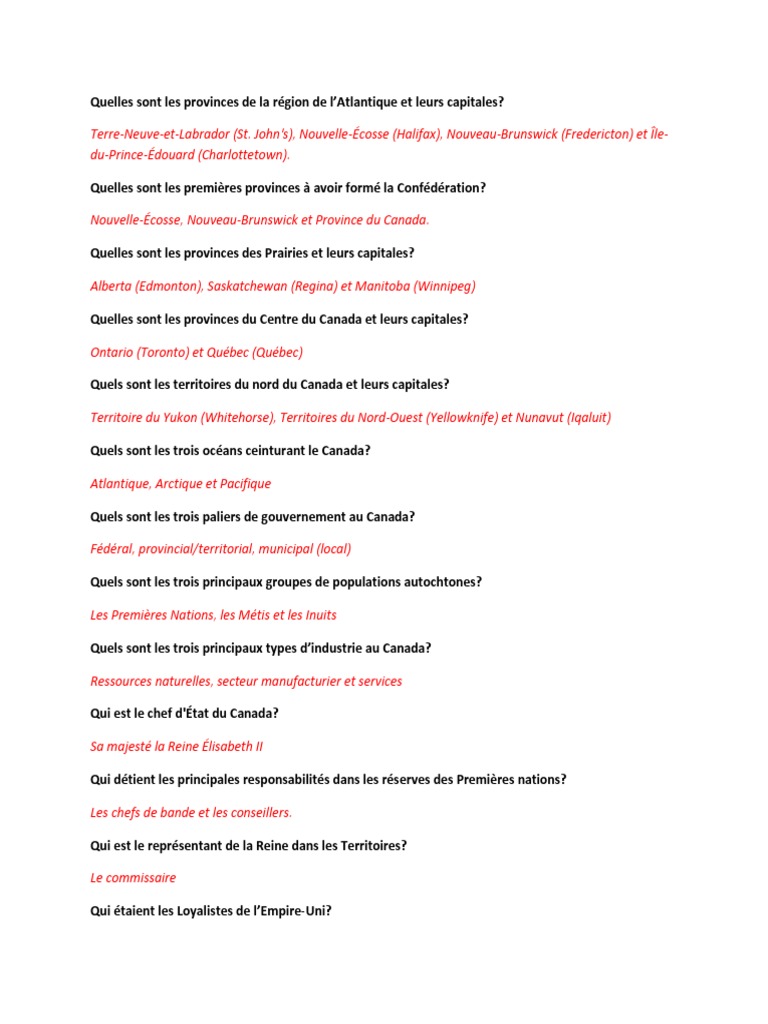 Les Questions d'Histoire Et de Geographie 7 8 Provinces et territoires du Canada Canada