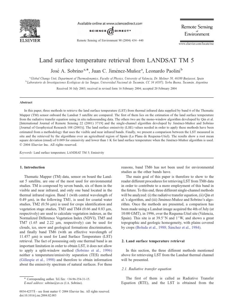 Land Surface Temperature Retrieval From LANDSAT TM 5 PDF | PDF
