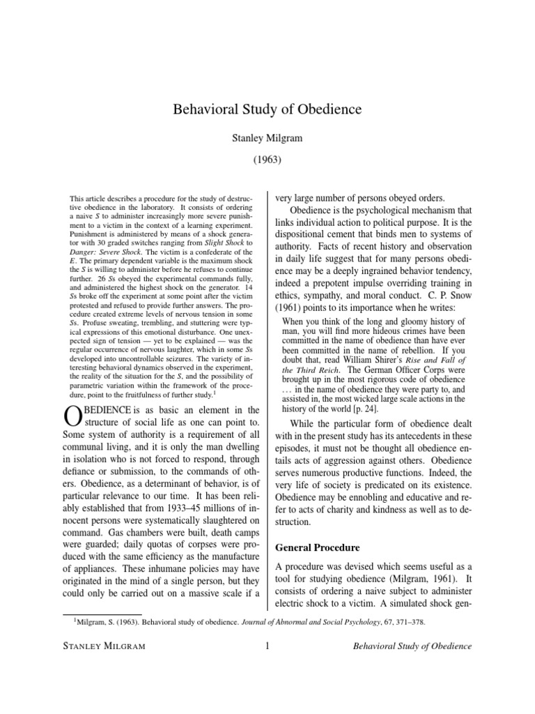 Milgram's Obedience Experiment Analysis | PDF | Self-Improvement ...