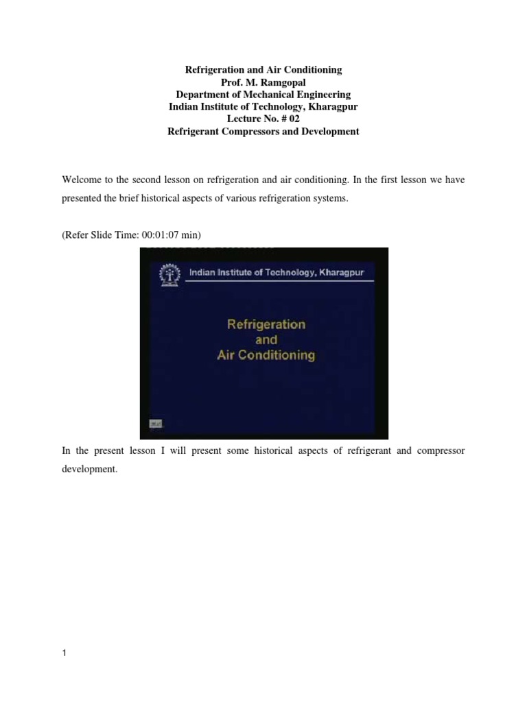 Refrigeration and Air Conditioning Lecture 02 Nptel PDF Chlorofluorocarbon Gas Compressor