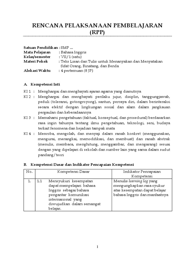 Model RPP Bahasa Inggris KELAS VII