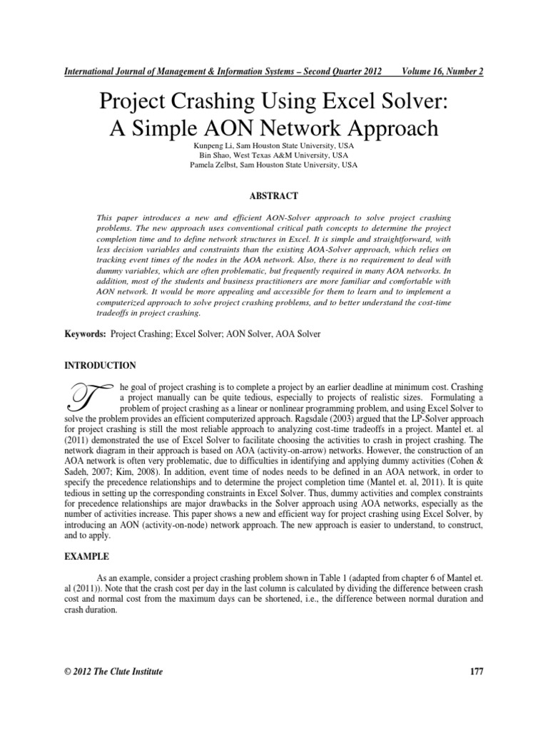 Project Crashing Using Exel Solver PDF Spreadsheet Mathematical