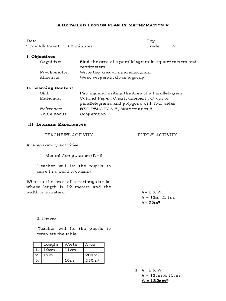 Grade 5 Lesson Plan: Area of Parallelogram | PDF | Rectangle | Lesson Plan