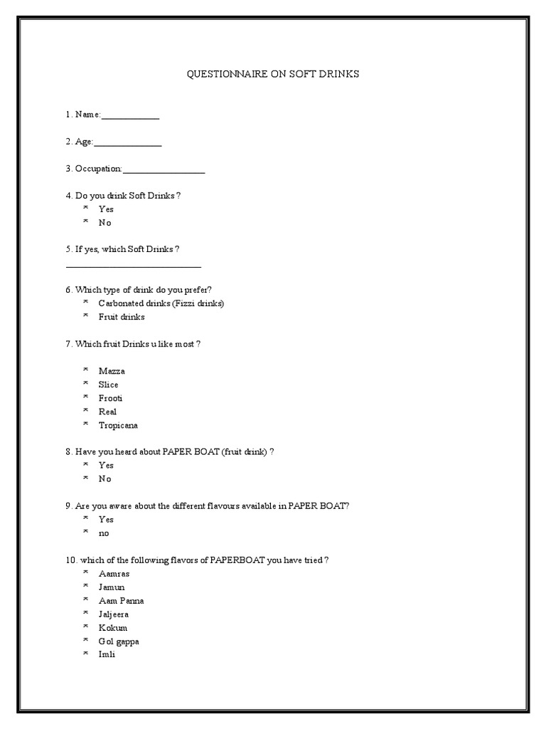 Soft Drinks Consumer Questionnaire | PDF