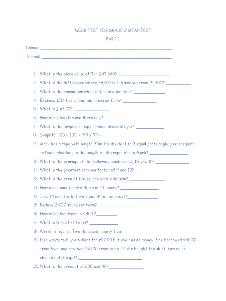 Grade 2 MTAP Mock Test Questions | PDF | Teaching Mathematics | Science