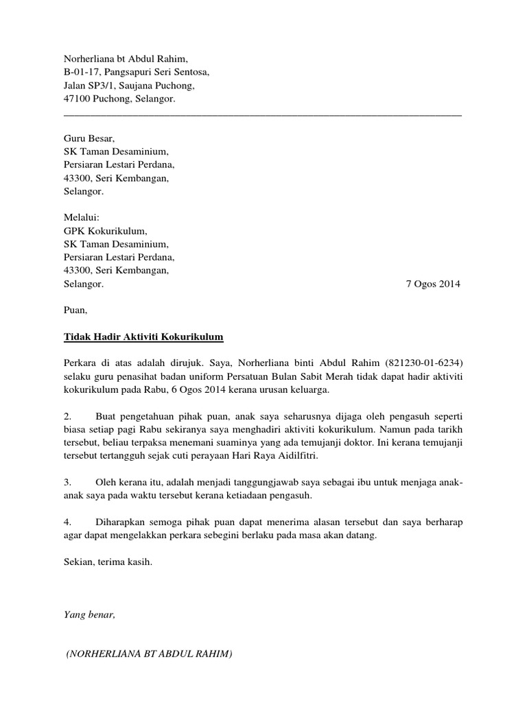 Surat Tunjuk Sebab Tak Hadir Koko Pdf