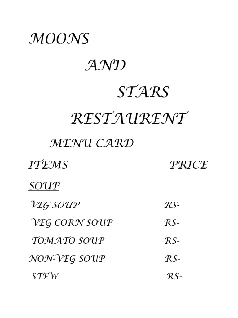 Moons and Stars Restaurant Menu | PDF