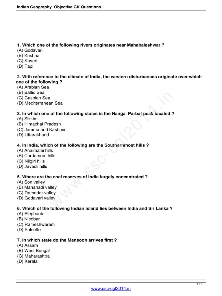 Indian Geography Objective Gk Questions South Asia Asia