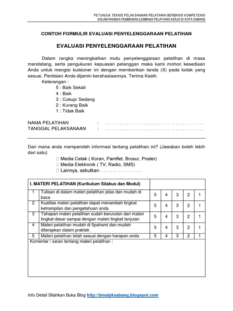 Contoh Formulir Evaluasi Pelatihan - Contoh Oliv