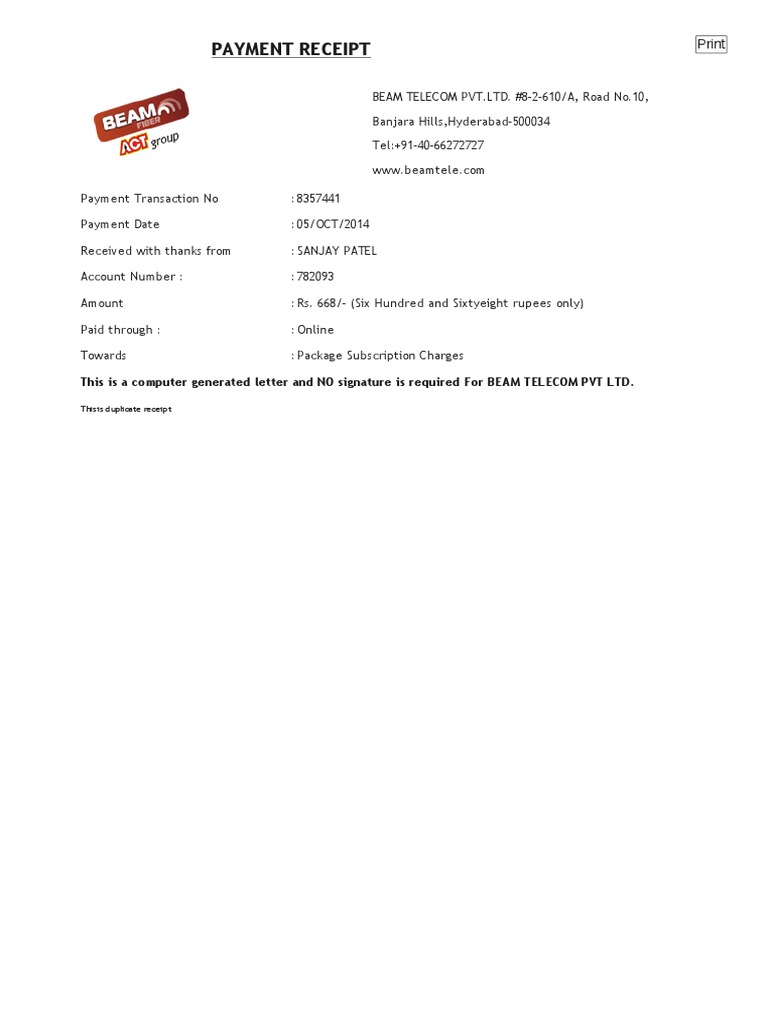 Beam Telecom Payment Receipt 2014 | PDF