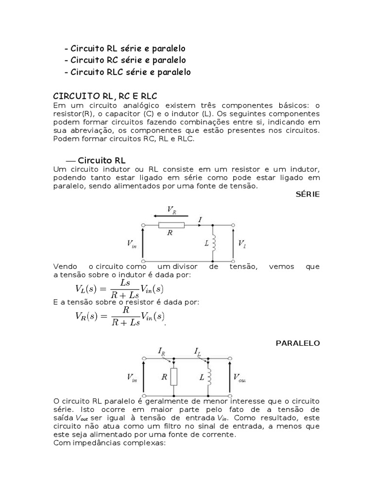 Circuito Rl Rc E Rlc Serie E Paralelo Pdf Circuitos Em Serie E Em Paralelos Rede Eletrica