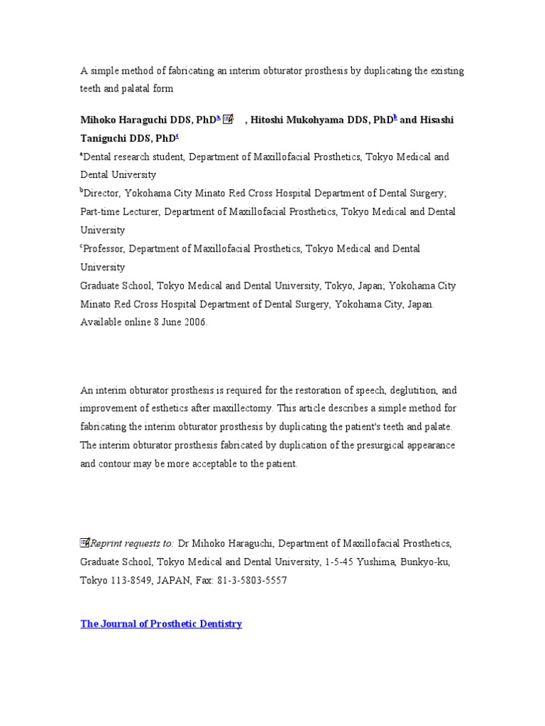 A Simple Method of Fabricating An Interim Obturator Prosthesis by