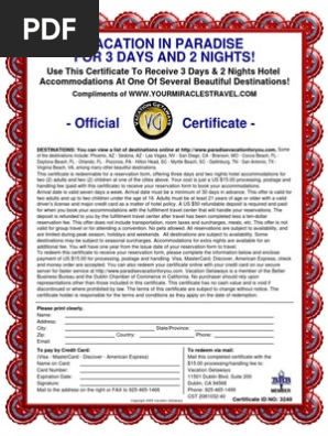 Free 3 Day 2 Night Vacation Gift Certificate