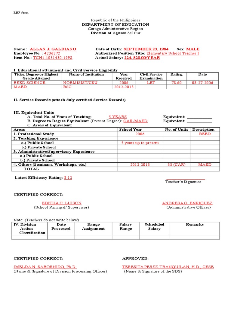 ERF Form for Elementary Teacher in Philippines | PDF | Computers