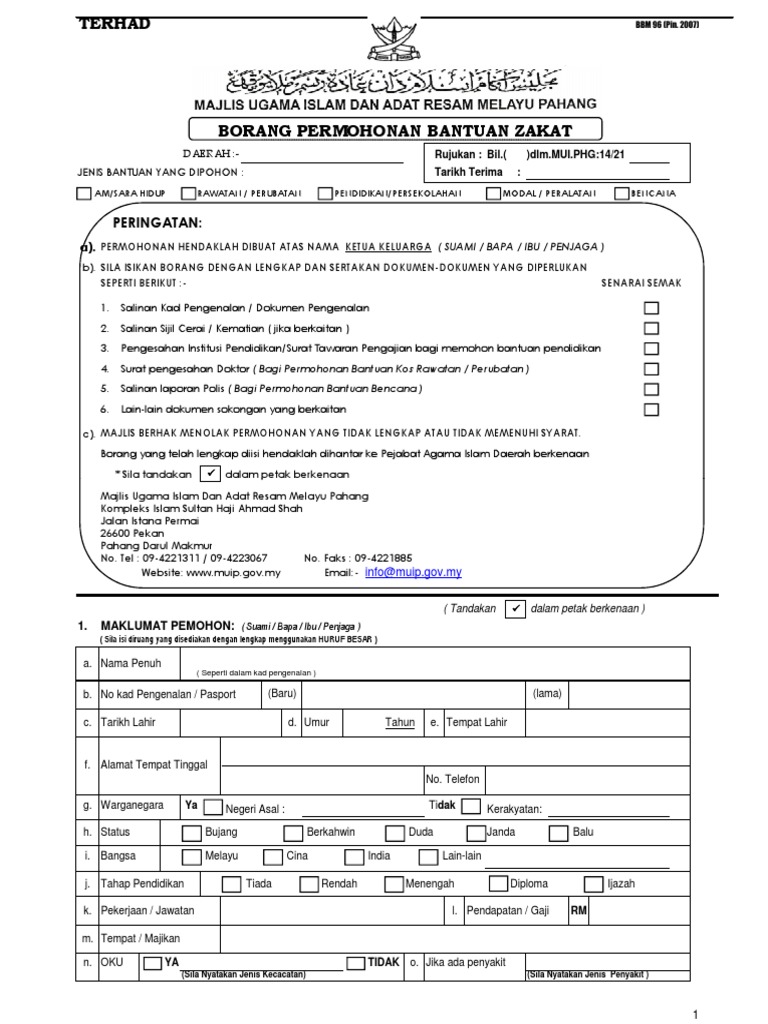 Borang Permohonan Bantuan Zakat Pdf