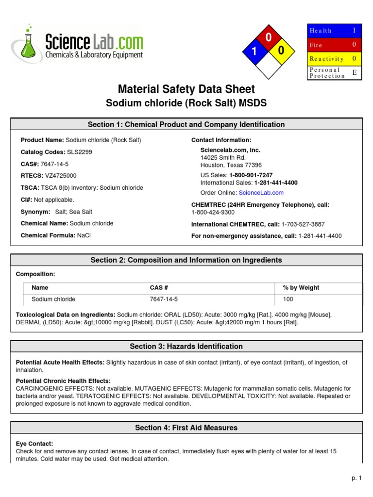 Sodium Chloride (Rock Salt) MSDS Section 1 Chemical Product and Company Identification PDF