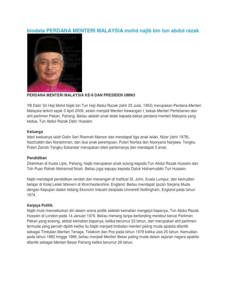 Biodata PERDANA MENTERI MALAYSIA Mohd Najib Bin Tun Abdul Razak  PDF