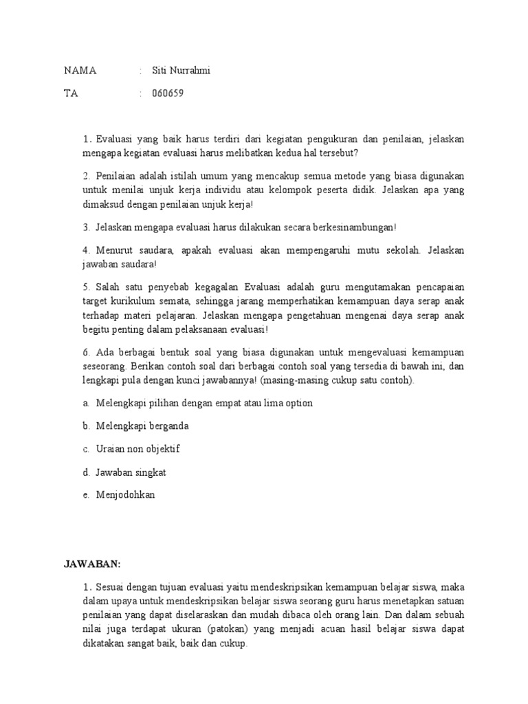 Soal Dan Jawaban Evaluasi Pembelajaran
