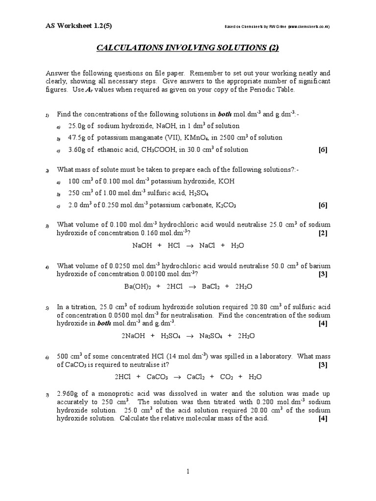 Calculations Involving Solutions (2) : AS Worksheet 1.2 | PDF ...