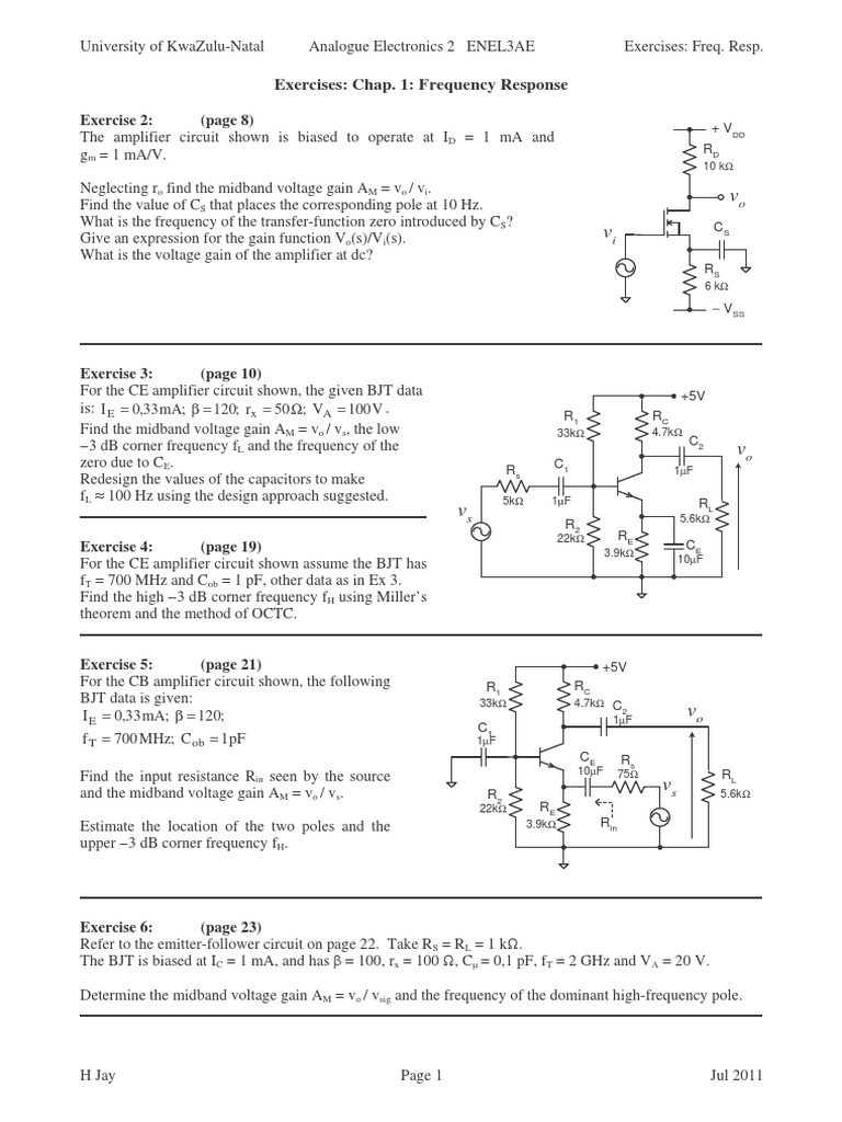 3AE Exercises Chap 1 Freq Resp Jul11 PDF Hertz Amplifier