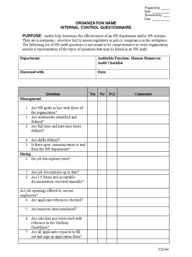 Human Resources Audit Checklist Internal Control Questionnaire Template PDF Human Resources