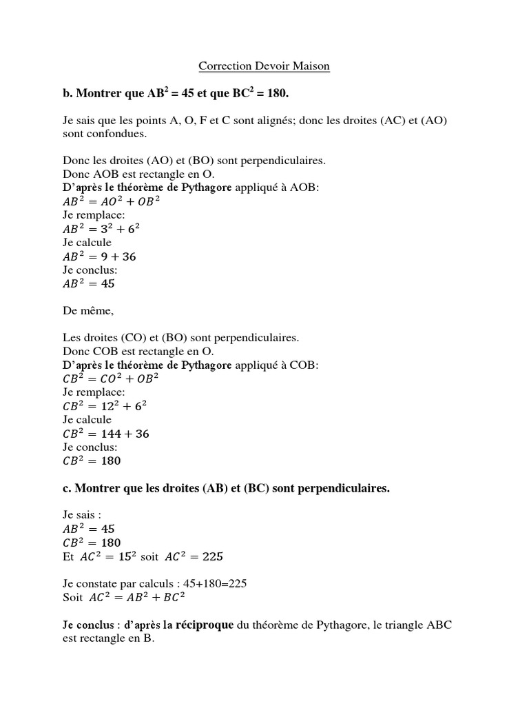 Devoir Maison Math 4eme Theoreme Pythagore Corrigé 4ème Correction Devoir Maison 11.04 | PDF | Perpendicularité | Triangle