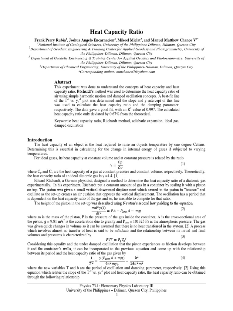 Technical Paper Heat Capacity Ratio PDF Gases Heat Capacity