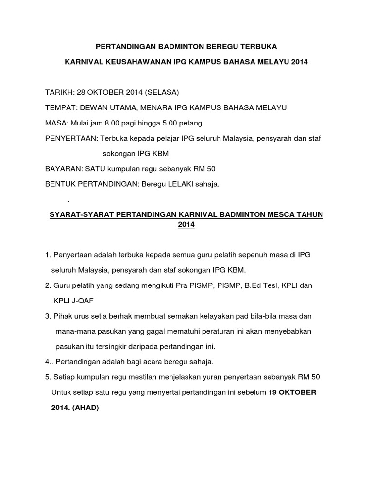 Syarat Pertandingan Badminton Beregu Terbuka  PDF