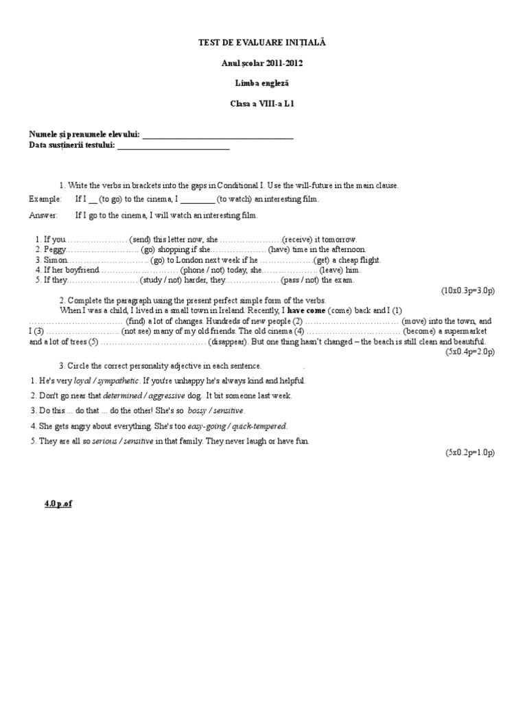 Initial English Assessment Test for 8th Grade | PDF | Language Arts ...