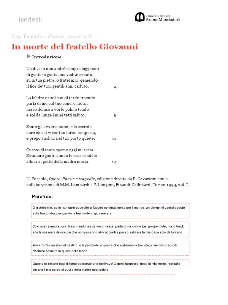 In Morte Del Fratello Giovanni Testo