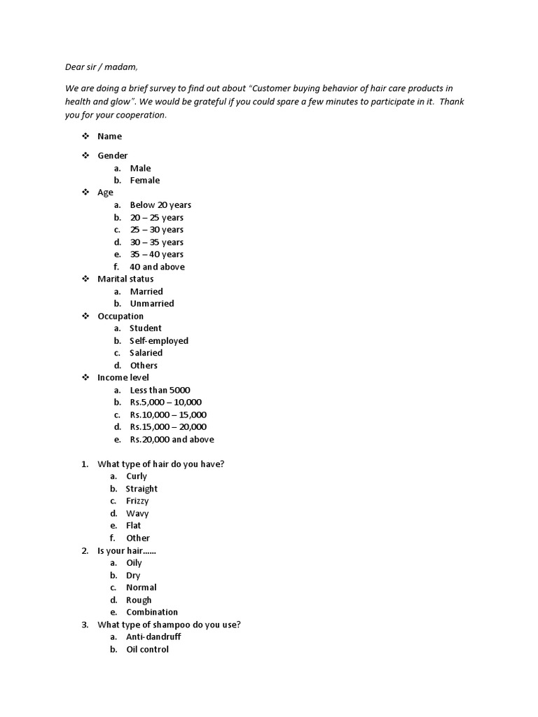 Questionnaire PDF Shampoo Hair