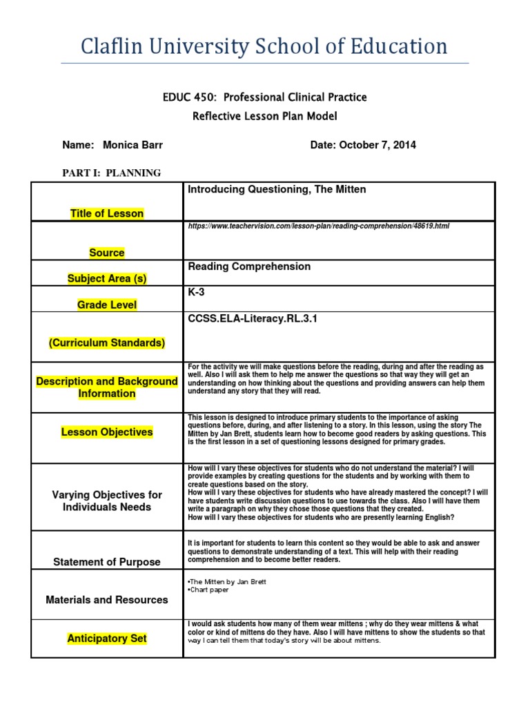 Reflective Lesson Plan Model 450 Revised 20132edu 328 1 Reading