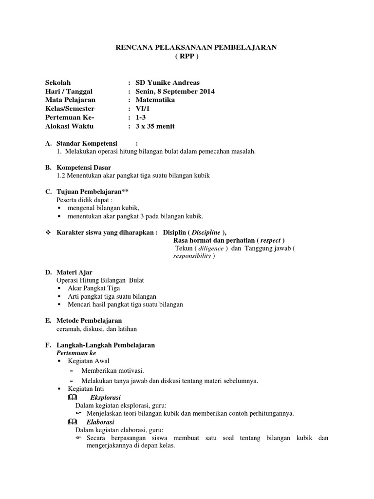 Rpp Matematika Kelas Vi A Docx