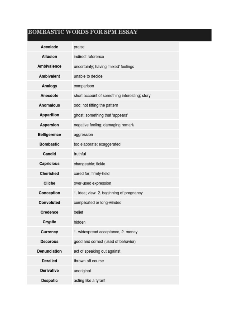 english bombastic words for essay spm