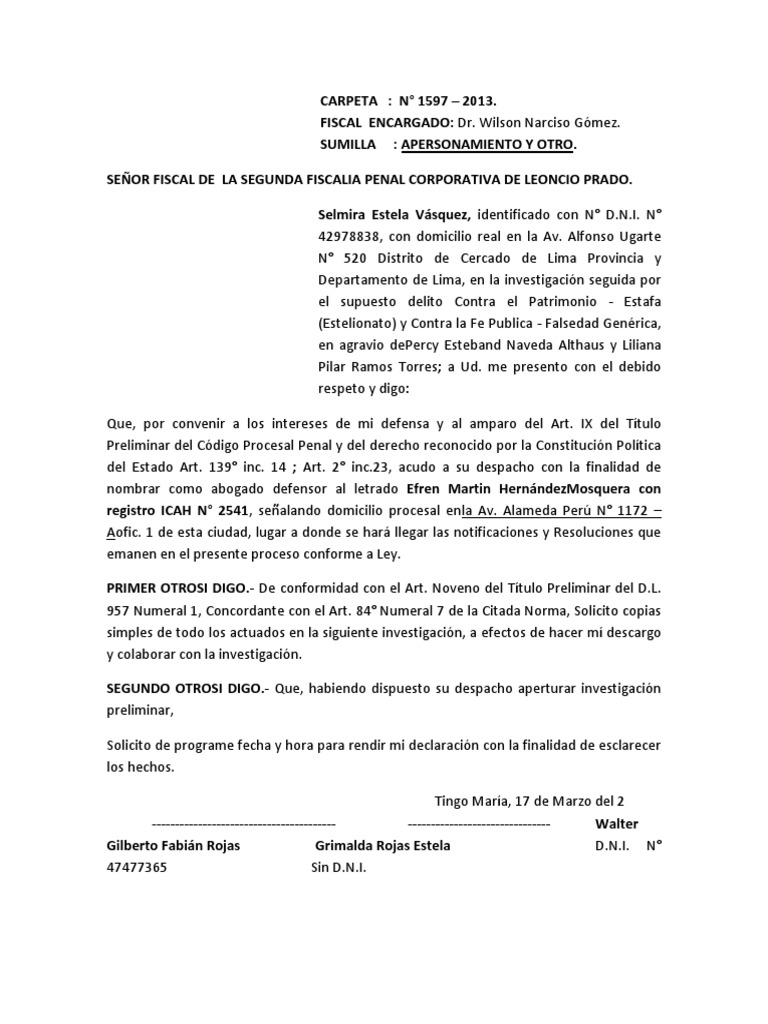 APERSONAMIENTO A LA FISCALIA WATER fABIAN | PDF | Ley común | Ley  comparativa
