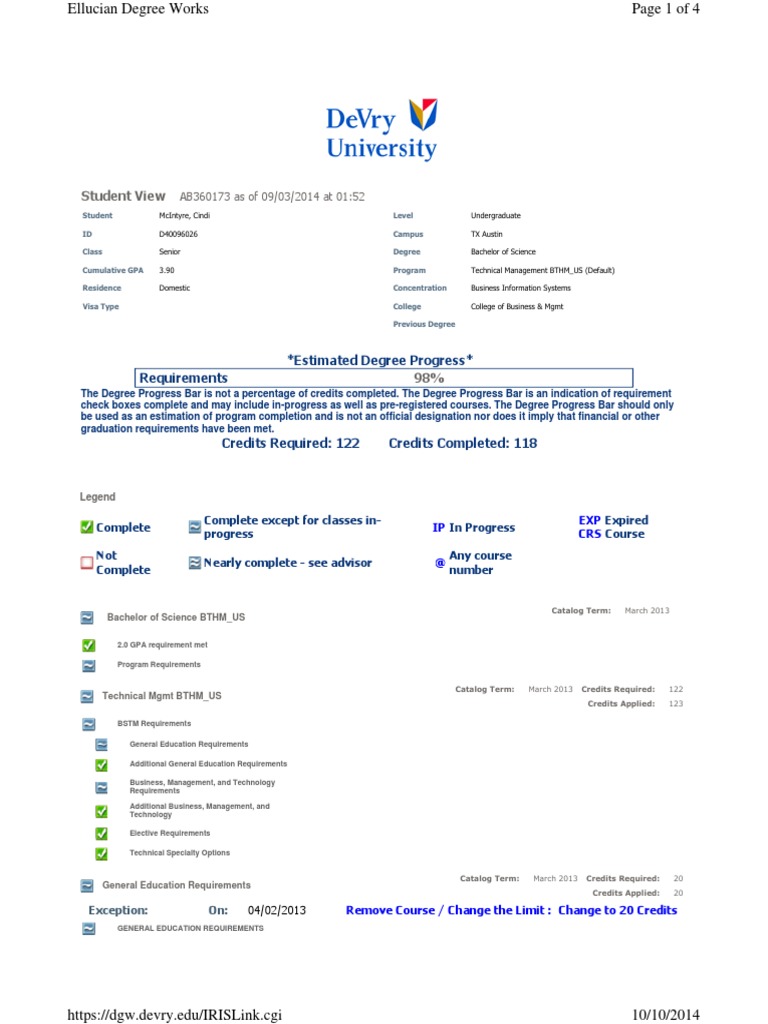 Devry Plan of Study | PDF | Academic Degree | Bachelor's Degree