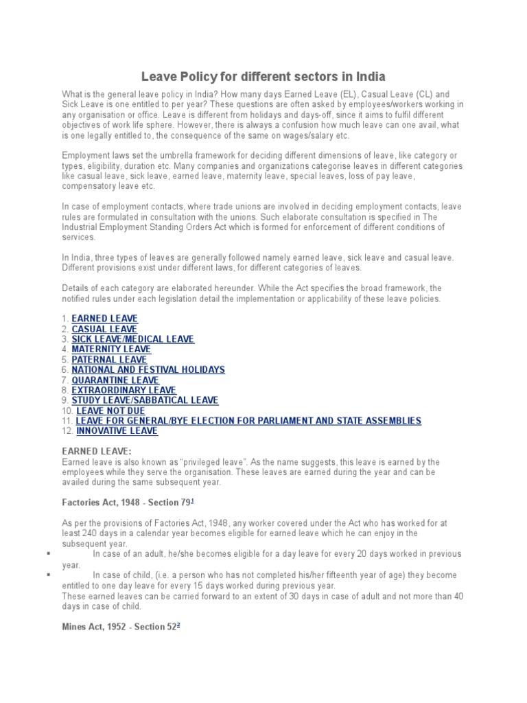 Leave Policies in India Explained | PDF | Parental Leave | Sick Leave
