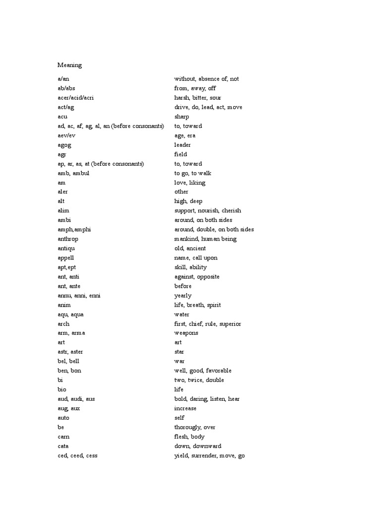 Root Words and Their Meanings | PDF | Nature