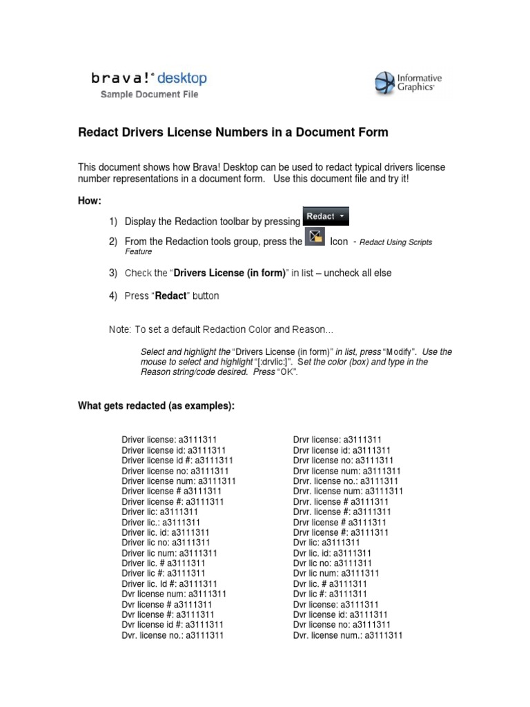 Drivers License Number Redaction Sample | PDF
