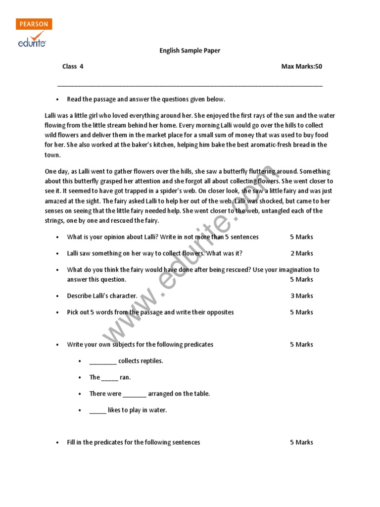 English Sample Paper Class 4 Max Marks50 PDF